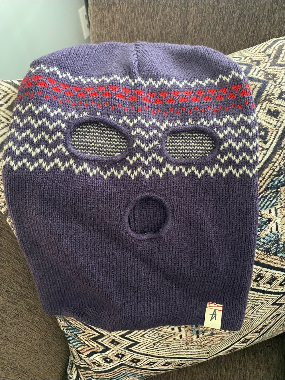 Altamont Blue Knit Balaclava with Red and Cream Fair Isle